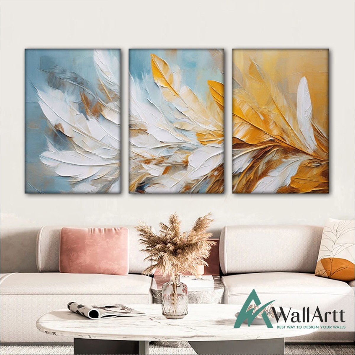 Orange White Feather 3 Piece 3d Heavy Textured Partial Oil Painting